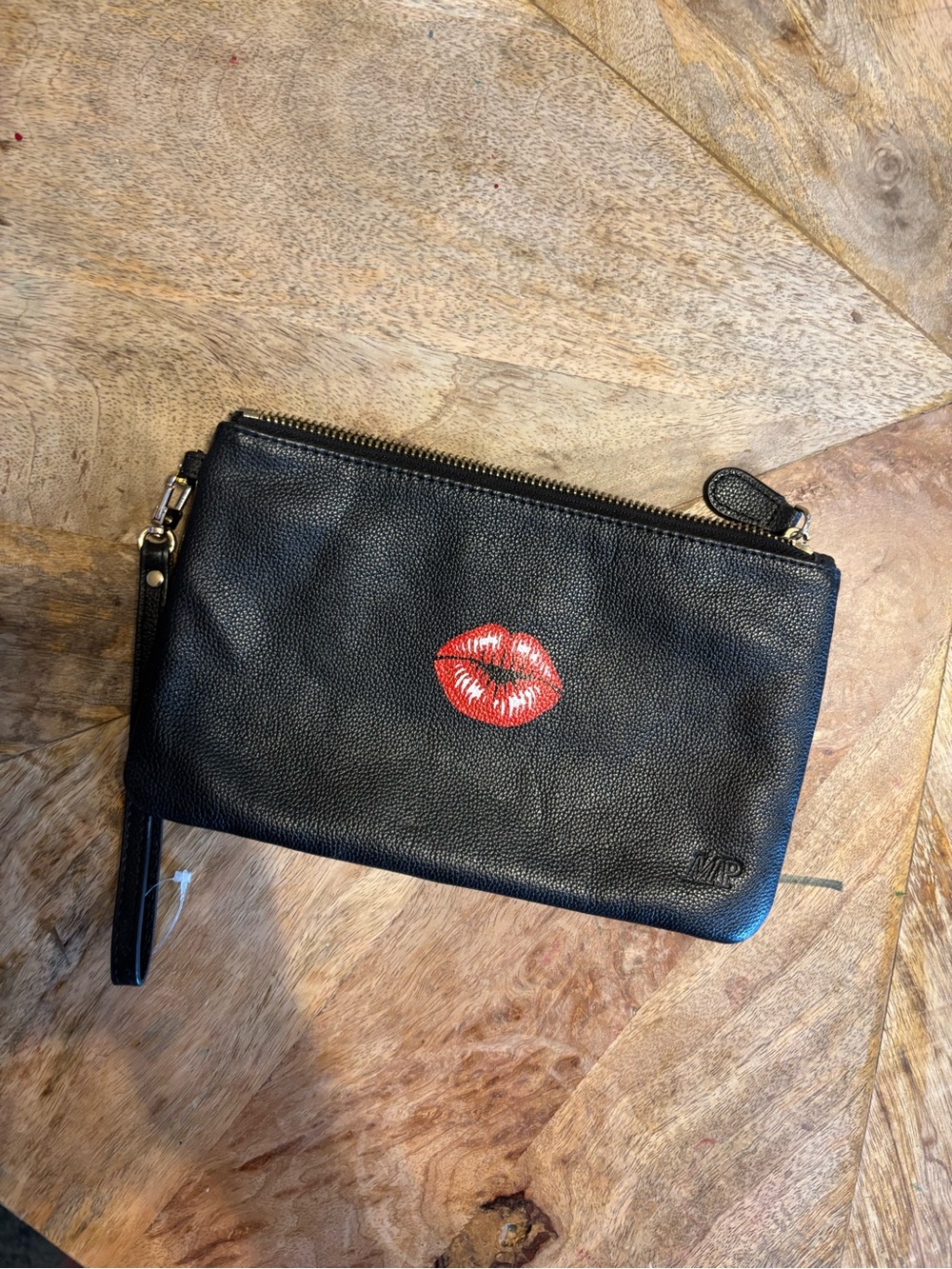 Leather Cosmetic Pouch with Red Kiss Accent - Black